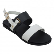 Estatos Faux Leather Open Toe Black and White Twin Strap Buckle Closure  Flat Sandals for Women